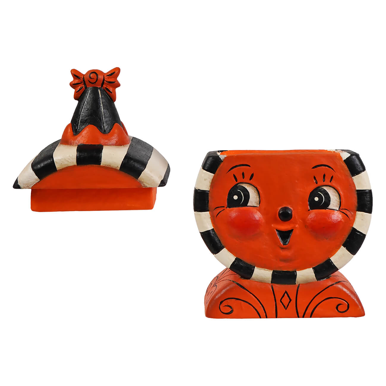 Orange ceramic jack o lantern laughing treat box planter with black and white stripes and a smiling face design