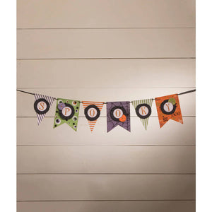 Halloween garlands spooky pennant garland by bethany lowe design featuring orange and black spooky banner flags