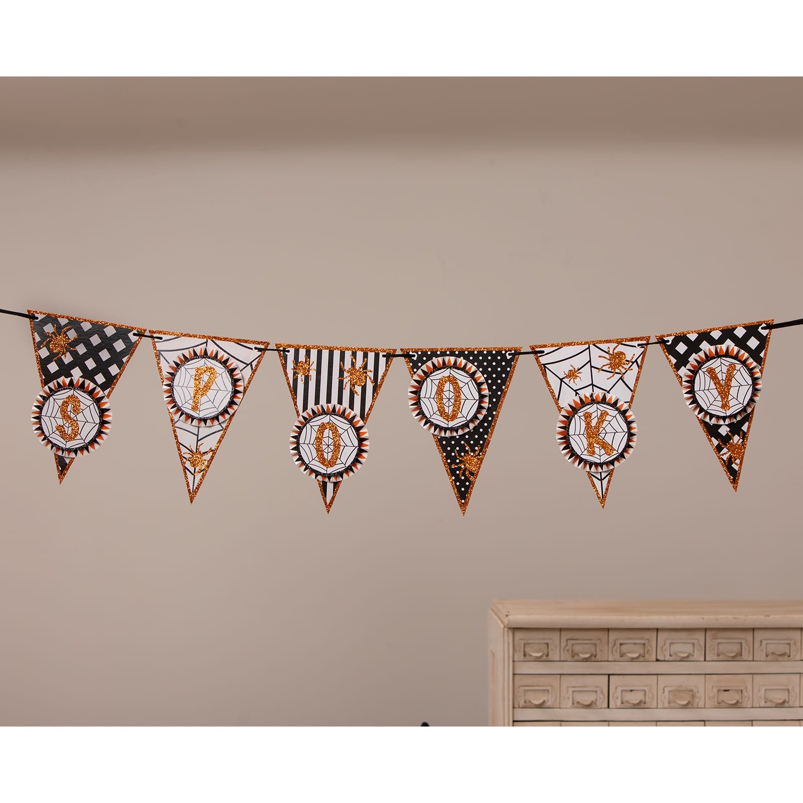 Black and gold spooky spider garland halloween garlands with glittery tinsel letters and spiderweb patterns