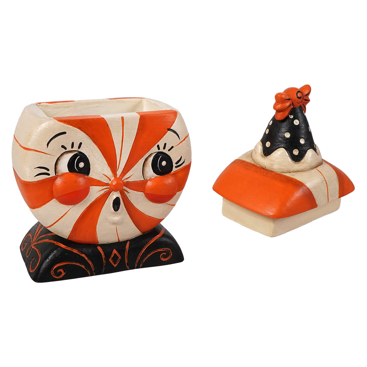 Orange and white candy cane planter with black base and jack o lantern face for spooky surprise treat box