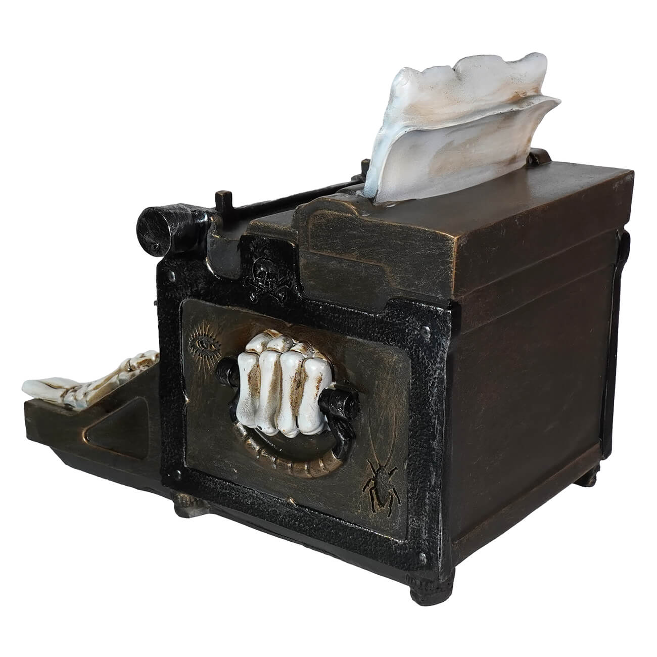 Spooky Halloween-themed tissue box holder designed to look like a miniature coffin with skeletal hands.