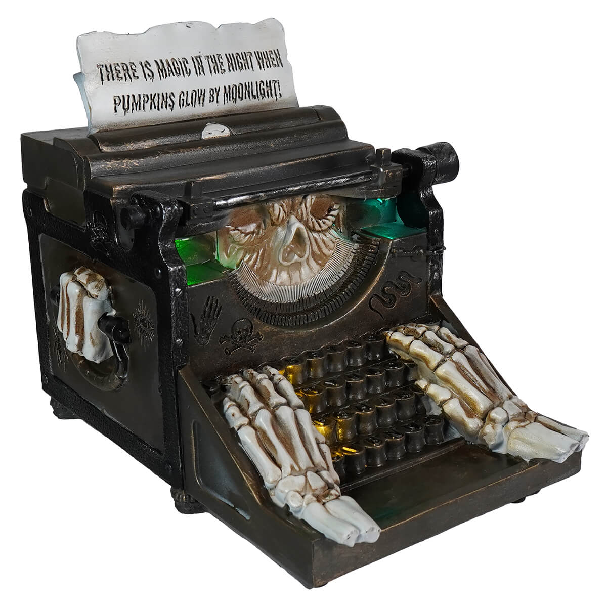 Vintage-style typewriter with skeleton hands on the keys and a spooky message typed on the paper.