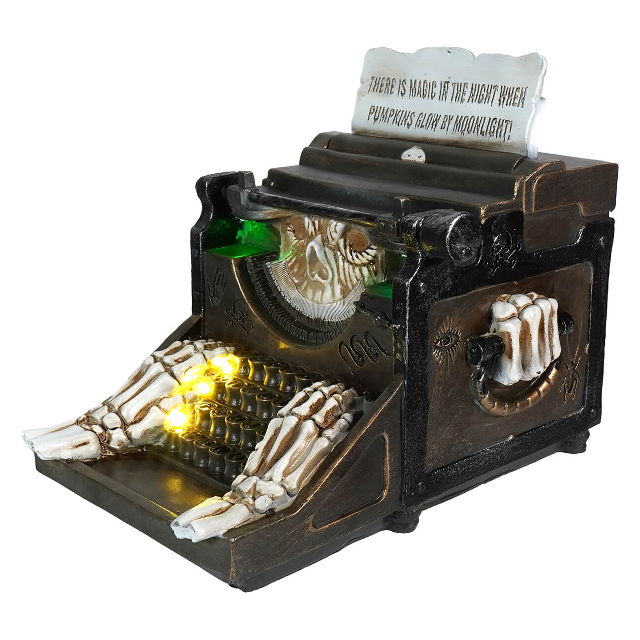 Spooky skeleton-themed typewriter with glowing elements and bony hands on the keys.