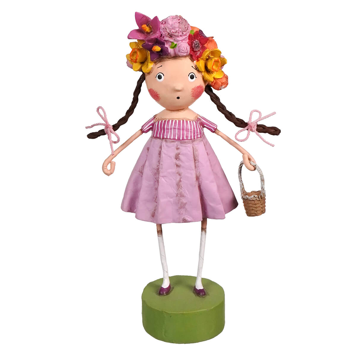 A whimsical lori mitchell pink paper-mâché doll with a floral crown and basket perfect for spring decor and ornaments spring blossom
