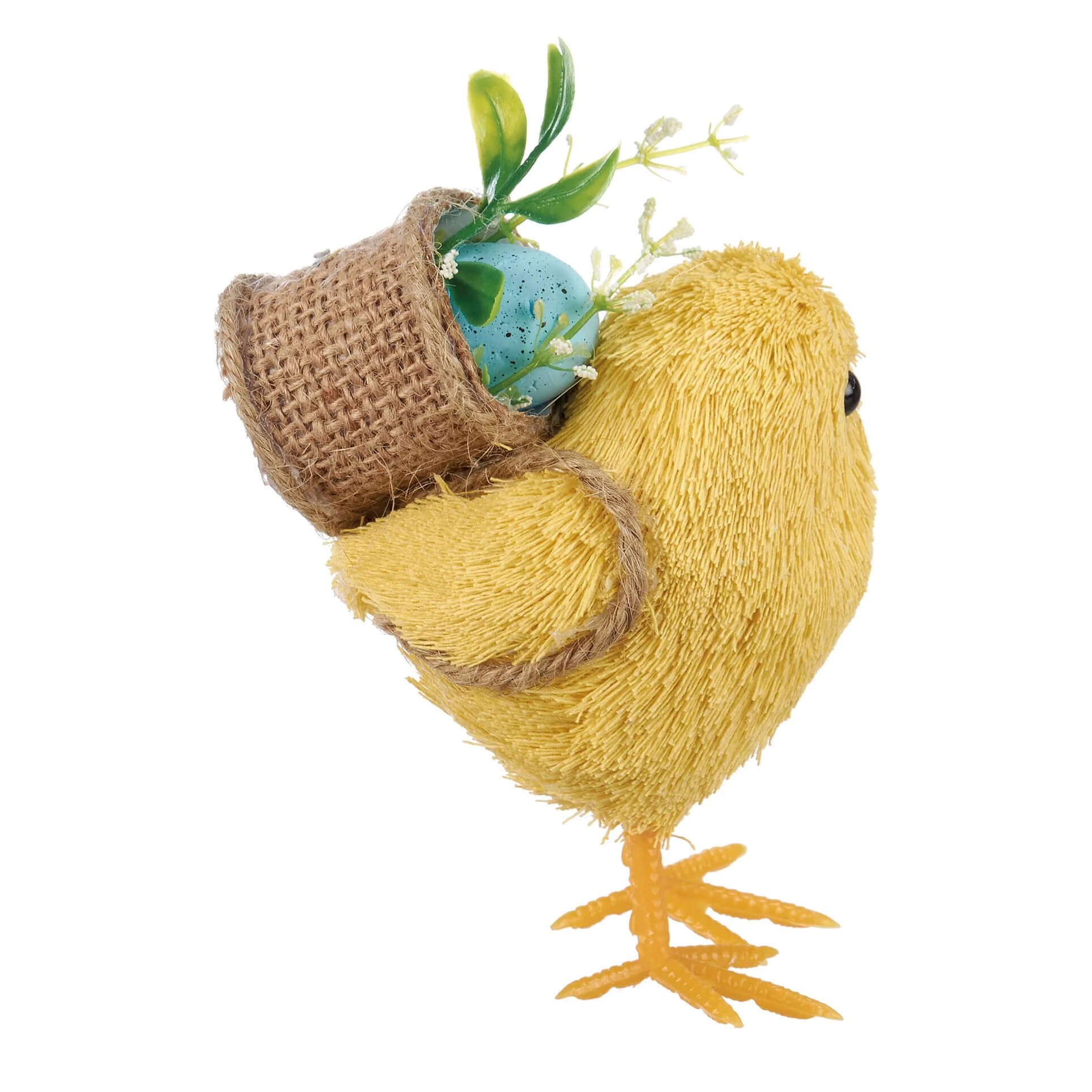 Yellow plush chick critter carrying a burlap pot with a blue speckled egg and greenery from spring chicks set