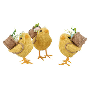 Three yellow spring chicks plush carrying small burlap pots with greenery and eggs in a chick critter set 3