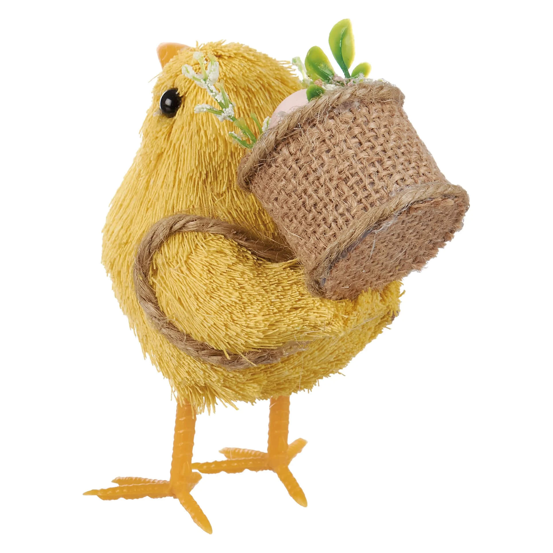 Yellow plush chick critter holding a burlap pot with green leaves from the spring chicks critter set 3