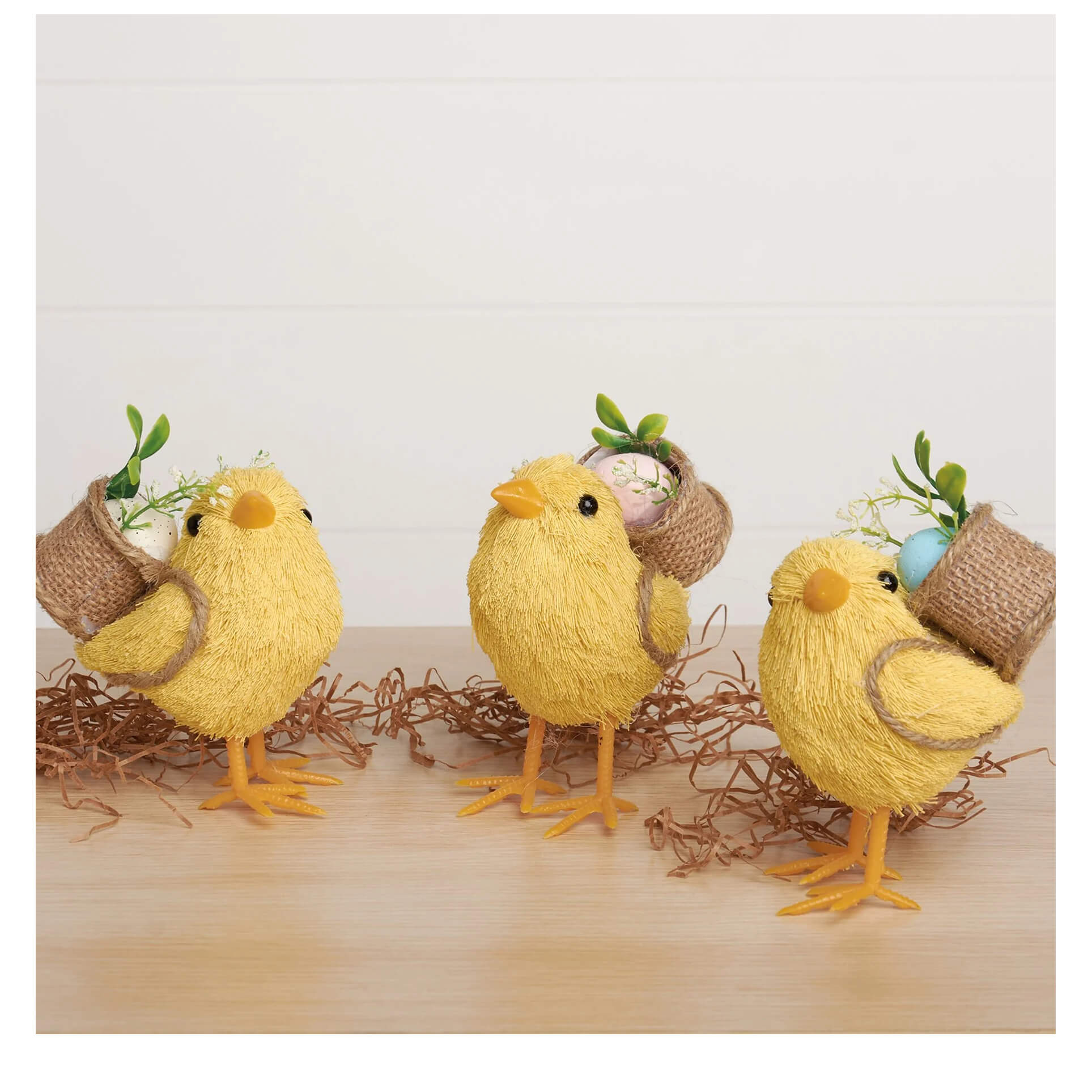 Spring chicks critter set of three yellow straw-textured chick critters with burlap baskets holding eggs