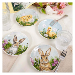 Set of four stoneware spring plate set with pastel bunny chick and duckling illustrations in pastoral scenes