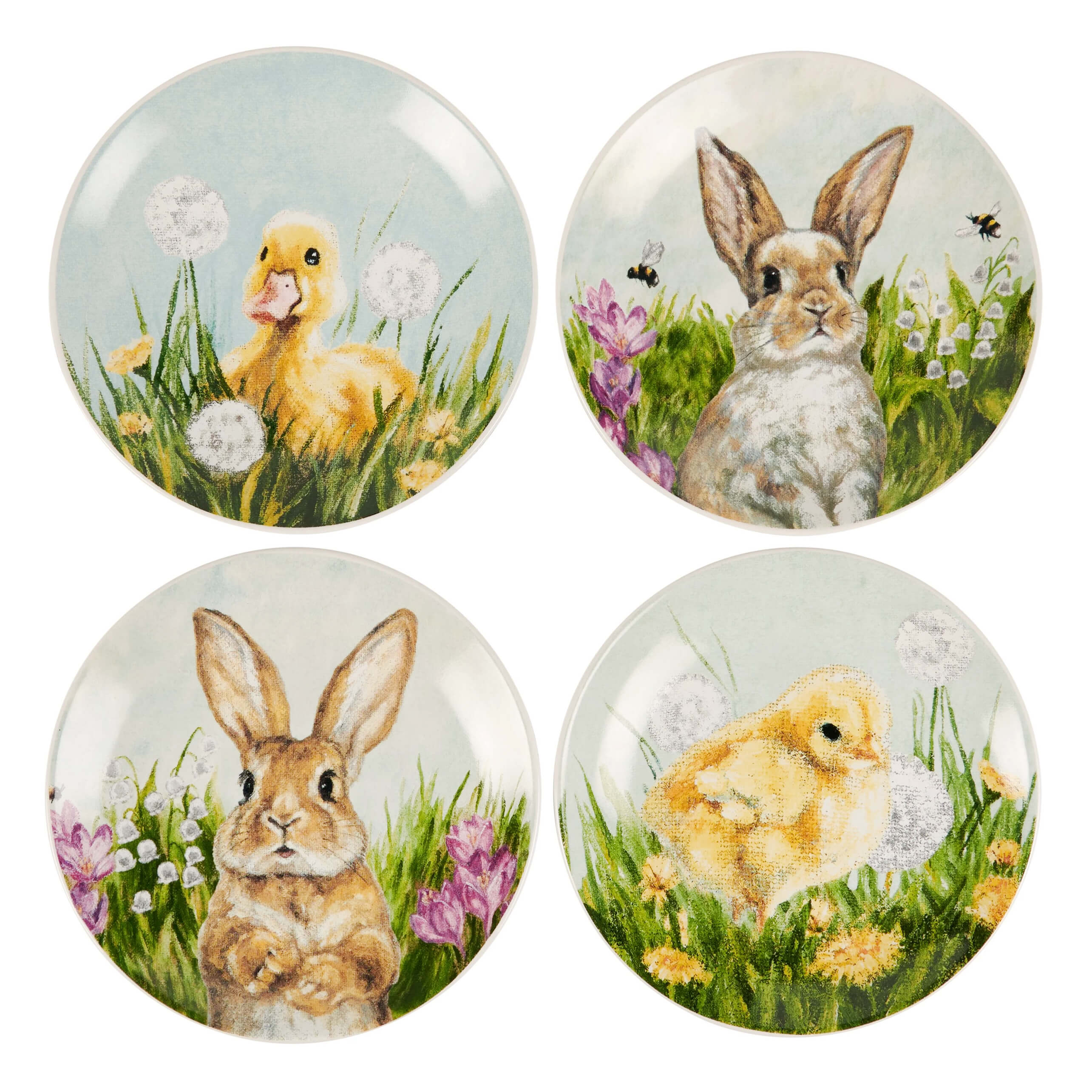 Set of four round ceramic spring plate set with cute rabbit duckling and chick illustrations in garden theme