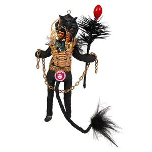 Spun cotton black krampus freestand ornament with woven basket torso, gold chains, and red balloon accessory