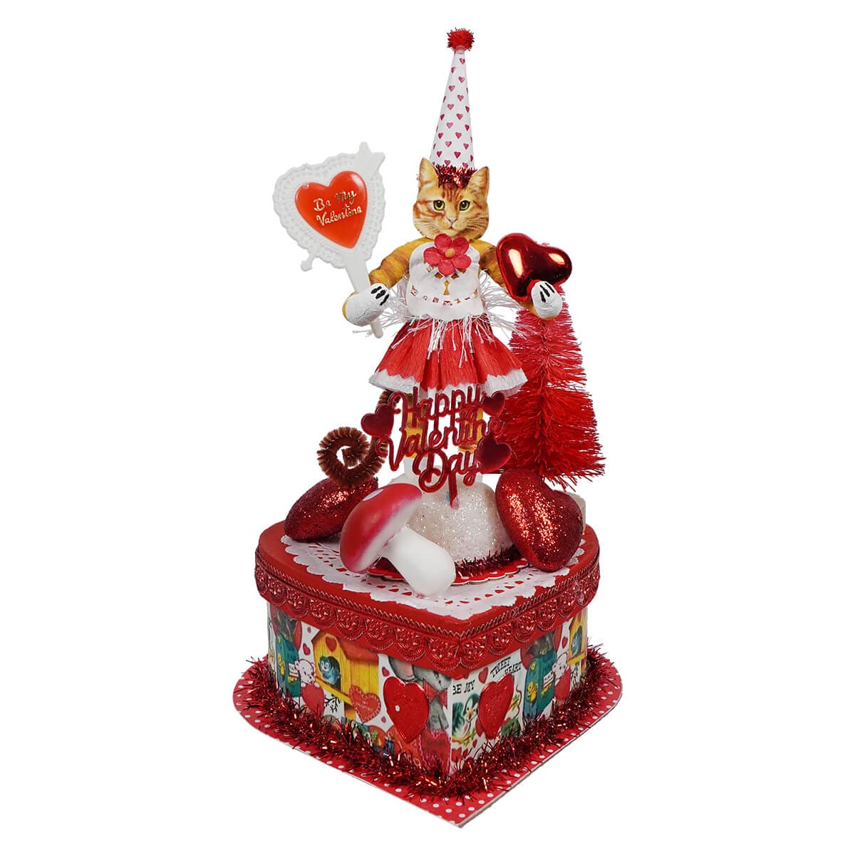 Spun Cotton Girl Red Tabby Cat Valentine Box - Valentine’s Day