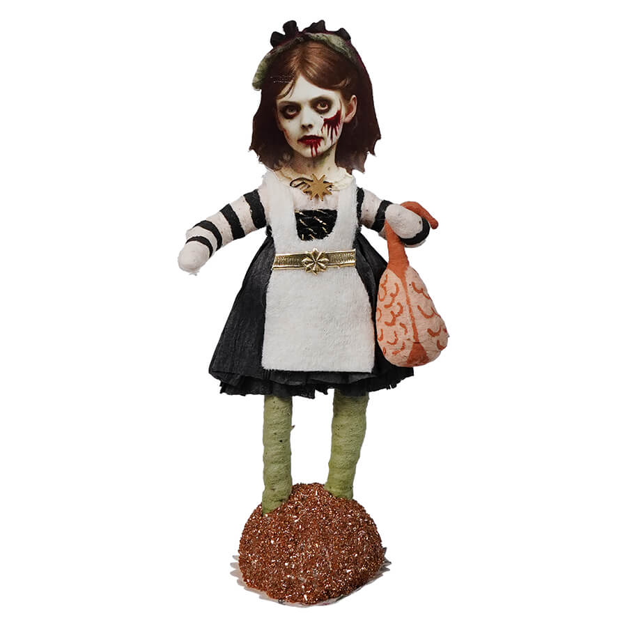 Spun Cotton Halloween Zombie Girl With Brain Figure - Halloween