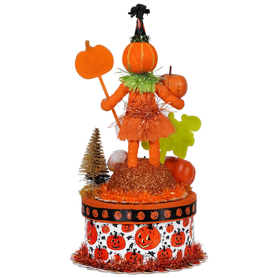 Spun Cotton Pumpkin Girl Figure On Round Box