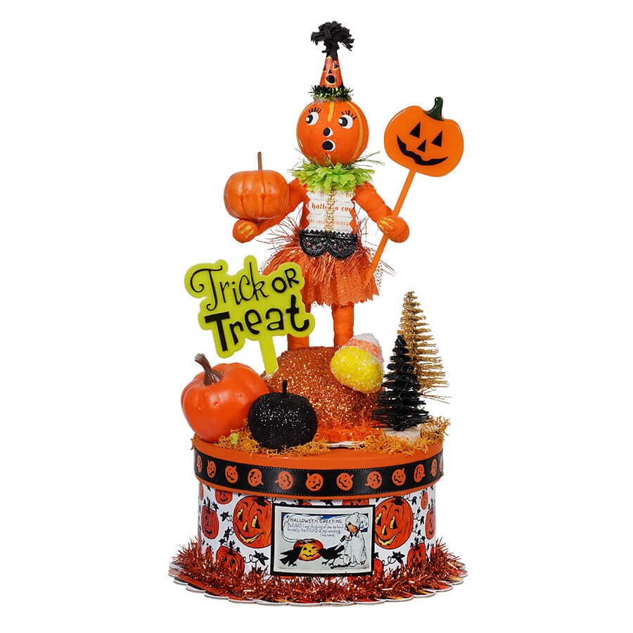 Spun Cotton Pumpkin Girl Figure On Round Box