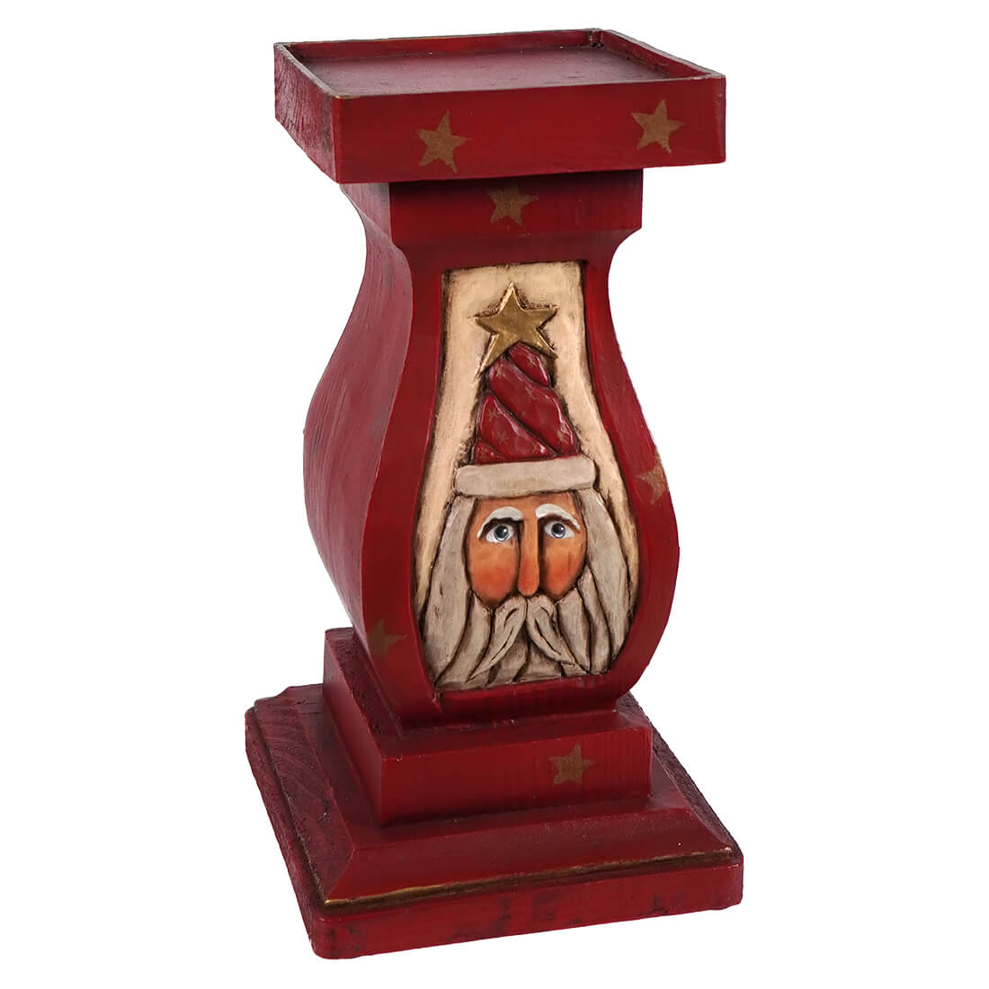 Red wooden pillar-style candle holder decorated with a carved Santa face and gold stars.