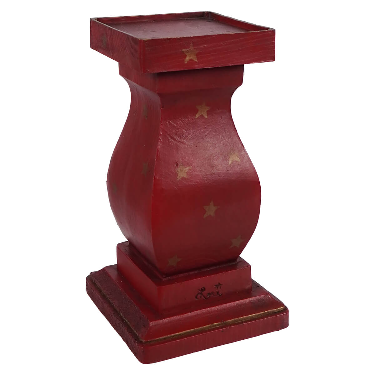 Red wooden pedestal with decorative star accents.