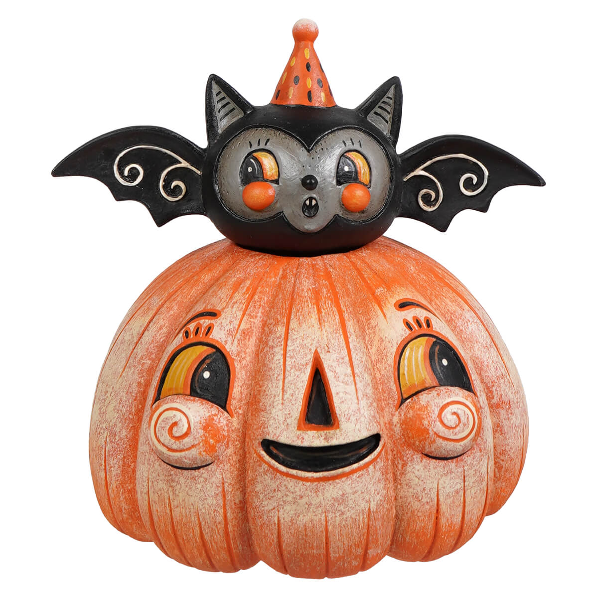 A charming orange squatty pumpkin batty figurine with a smiling face and black bat wearing an orange hat perfect for halloween pumpkins and gourds decor