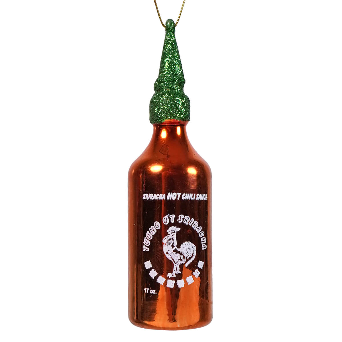 Shiny copper sriracha hot chili sauce ornament with glittery green cap and white label by cody foster