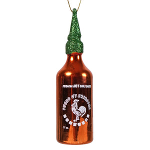 Shiny copper sriracha hot chili sauce ornament with glittery green cap and white label by cody foster