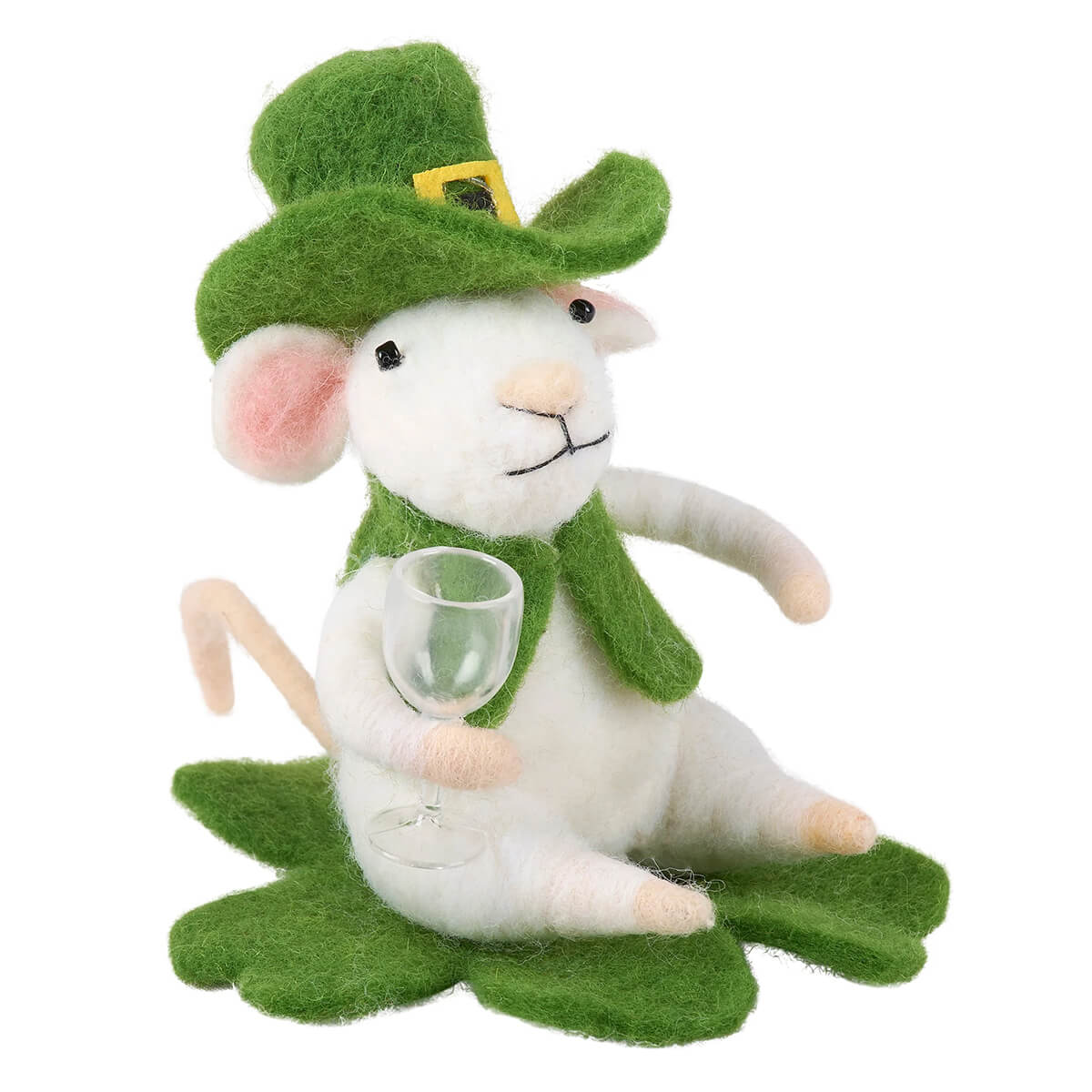 A white felt shamrock mouse critter wearing a green st patricks day leprechaun hat holding a clear wine glass