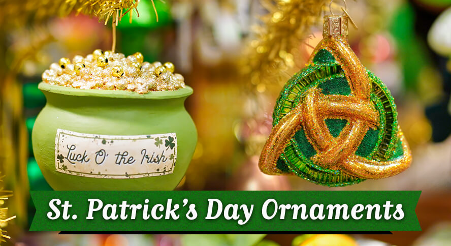 Two St. Patrick's Day ornaments: a green pot with gold beads and a Celtic knot design. With a "Best St. Patrick's Day Ornaments" banner. 