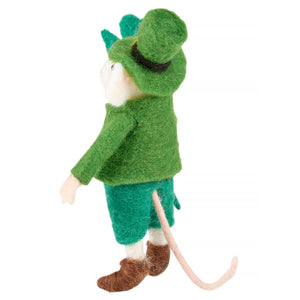 Felt mouse figurine wearing green clothing, a hat, and brown boots.