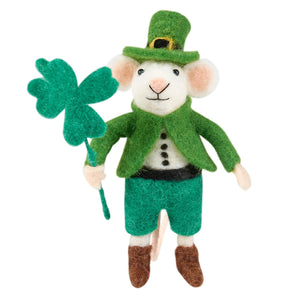 Felt mouse toy dressed as a leprechaun holding a shamrock.