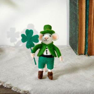 Felt mouse dressed as a leprechaun holding a shamrock.