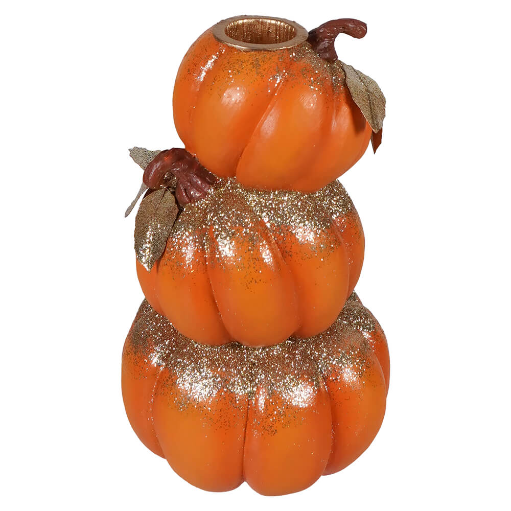 Stacked orange pumpkins candle holder by bethany lowe with gold glitter accents and brown leaf details in hand-painted resin