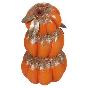 Stacked orange pumpkins candle holder with gold glitter and metallic leaves hand painted resin by bethany lowe