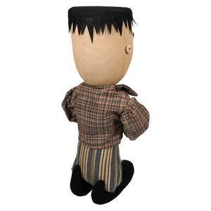 Standing carlos stein handmade frankenstein doll with beige stitched face black fabric hair in brown plaid shirt and striped pants from joe spencer halloween dolls & decor
