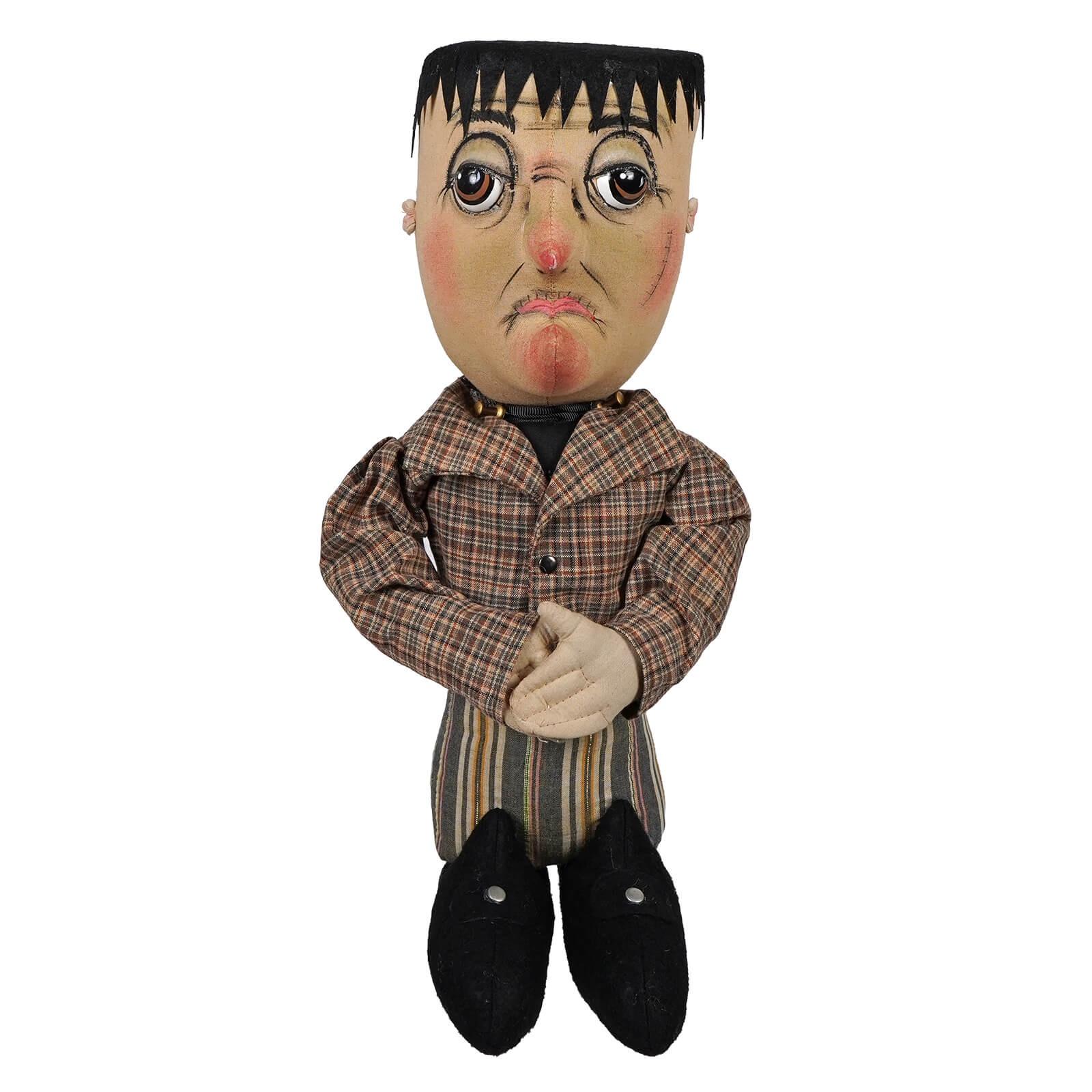 Handcrafted carlos stein frankenstein doll with painted face wearing brown plaid jacket by joe spencer halloween dolls & decor