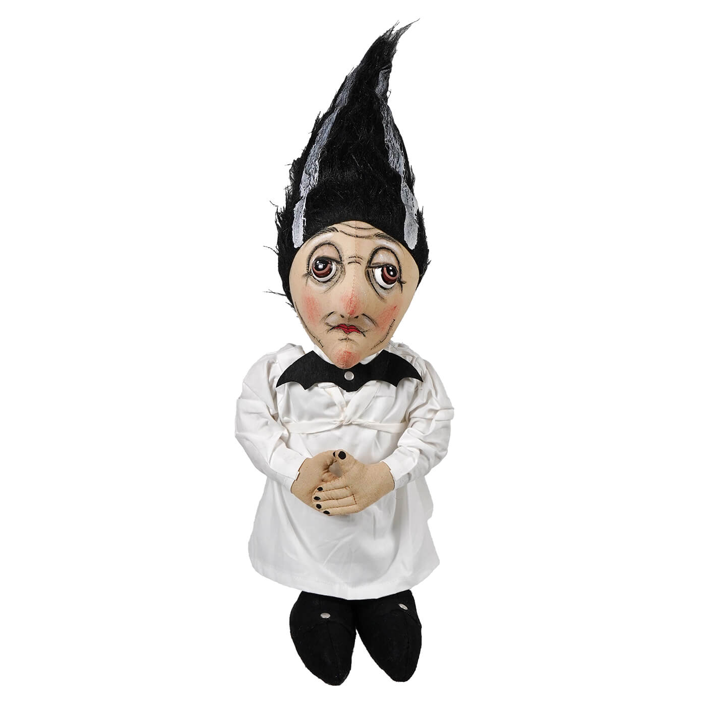 A whimsical carmella stein hand-painted doll wearing a white dress and tall black feathered hat standing upright