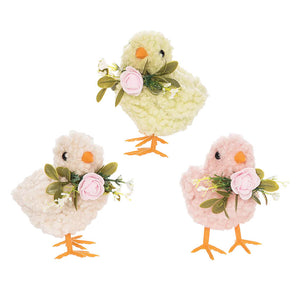 Standing pastel green pink and white spring chicks set of three plush pastel green white spring chicks with pink roses