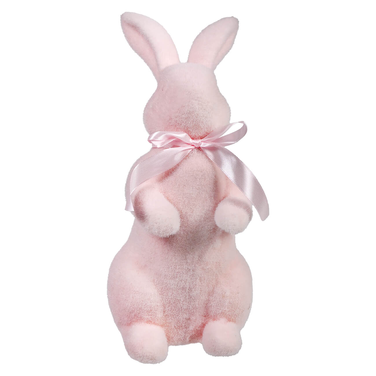 Pink plush bunny with a bow around its neck.