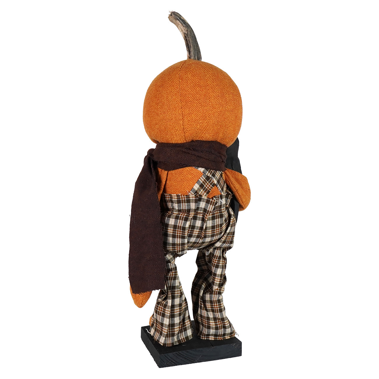 Standing scarecrow figurine in orange pumpkin shape wearing plaid overalls and dark scarf by raggedy junction design handcrafted folk art tall harvest helper
