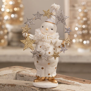 White porcelain star light snowman clown figurine with gold polka dots holding a silver gold wreath bethany lowe designs christmas snowman figures & decor