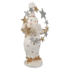 Star light snowman by bethany lowe designs is a white christmas snowman figure with glittery silver and gold stars and festive outfit