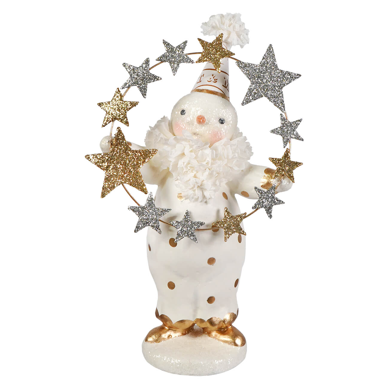 White porcelain star light snowman with gold polka dots and star garland from bethany lowe designs christmas snowman figures and decor