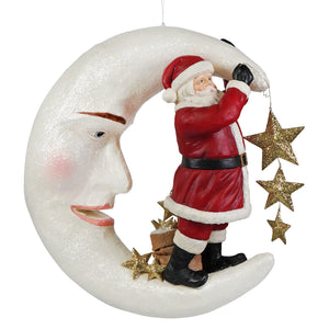 White glittery crescent moon ornament with smiling face santa in red suit hanging golden stars bethany lowe designs santa figures & folk art santas