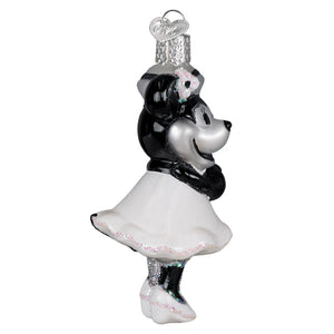 Glossy black and white steamboat willie first mate christmas glass ornament featuring minnie mouse ballet pose with glitter details