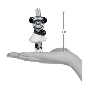A 4-inch christmas glass ornament of minnie mouse chef in white dress and black hat from steamboat willie first mate