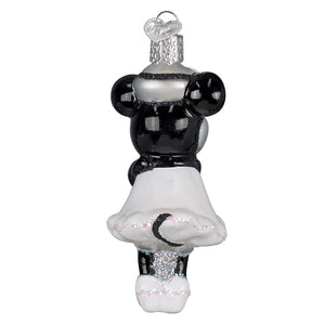 Black and white christmas glass ornament featuring steamboat willie minnie mouse in ballet outfit with glitter accents