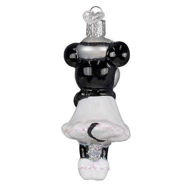Black and white christmas glass ornament featuring steamboat willie minnie mouse in ballet outfit with glitter accents