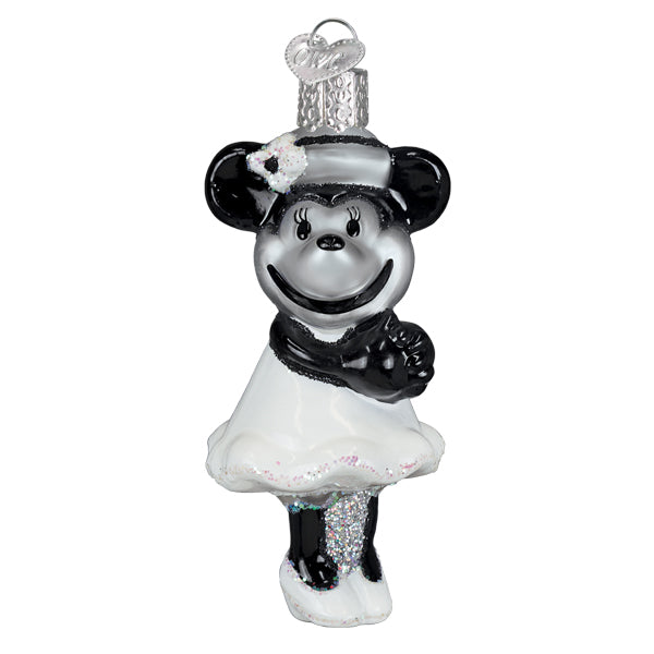 A black and white steamboat willie first mate christmas glass ornament featuring minnie mouse with glittery accents