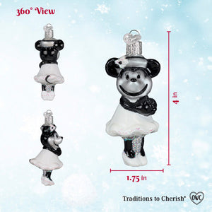 Black and white christmas glass ornament featuring minnie mouse in festive winter outfit from steamboat willie toys & fun miscellaneous ornaments