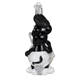 Black and white christmas glass ornament steamboat willie skipper with glittery beret scarf and snowflake base