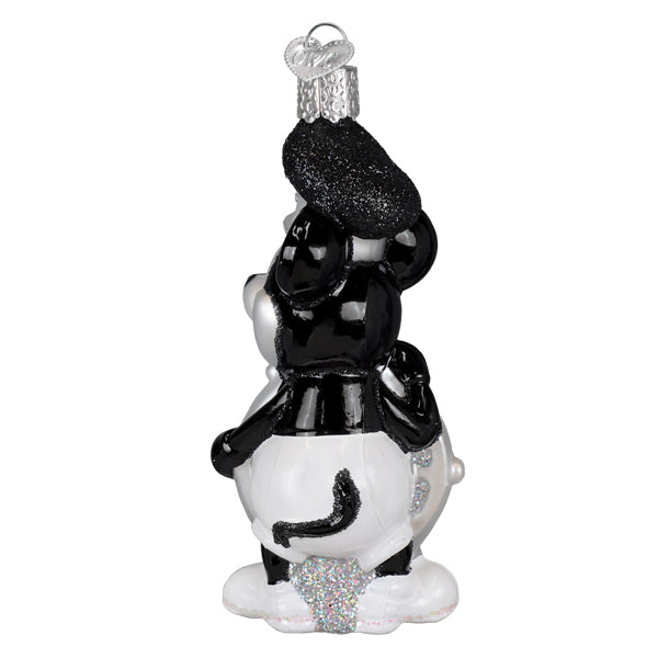 Black and white christmas glass ornament steamboat willie skipper with glittery beret scarf and snowflake base
