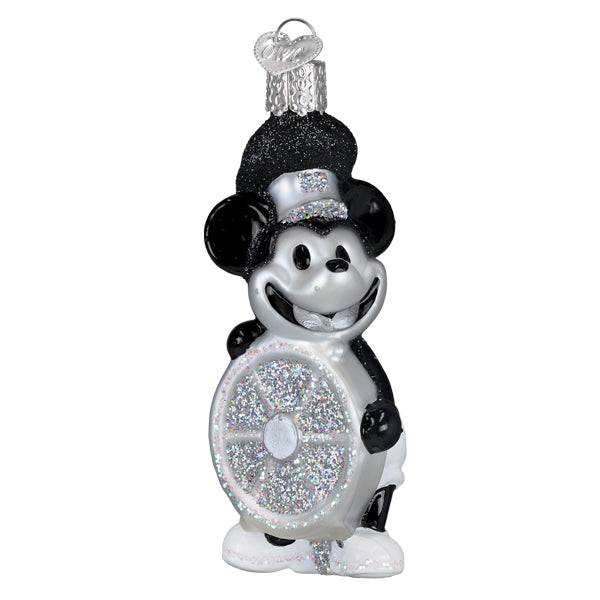 Black and silver glittery steamboat willie skipper christmas glass ornament holding a sparkly drum for world christmas glass